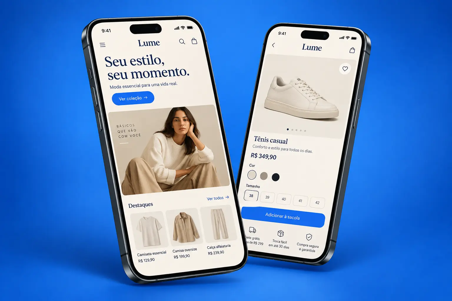 Conceptual screens of a fashion app on two phones, showing the product feed and a sneaker product page.